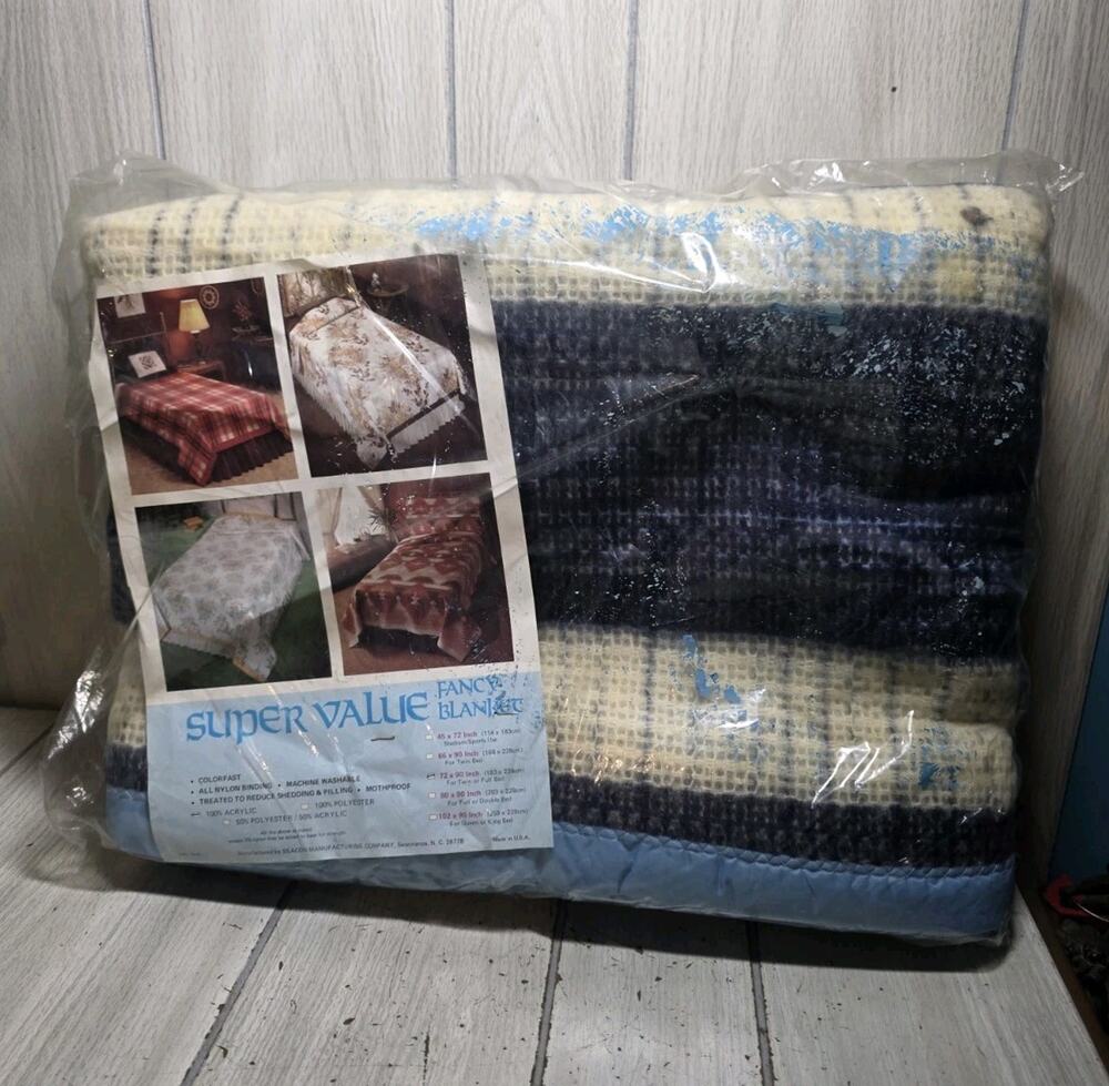 Vtg Super Value by Beacon Satin Trim Blanket Twin/Full Blue White Plaid USA NOS